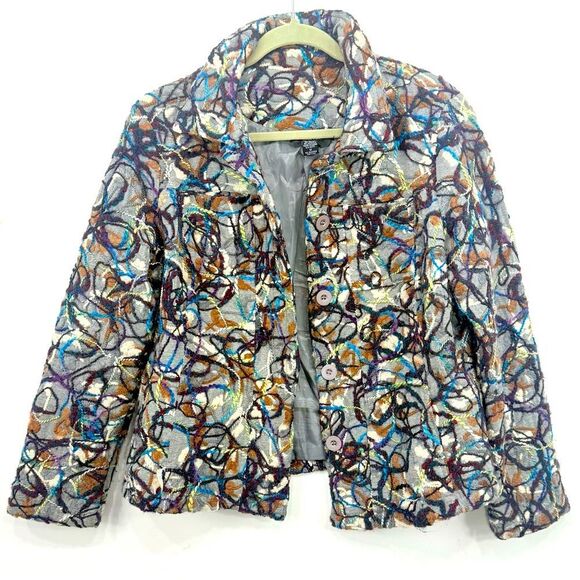 KakTus Gray Colorful All Over Yarn Embellished Button Front Blazer Jacket - Picture 2 of 16